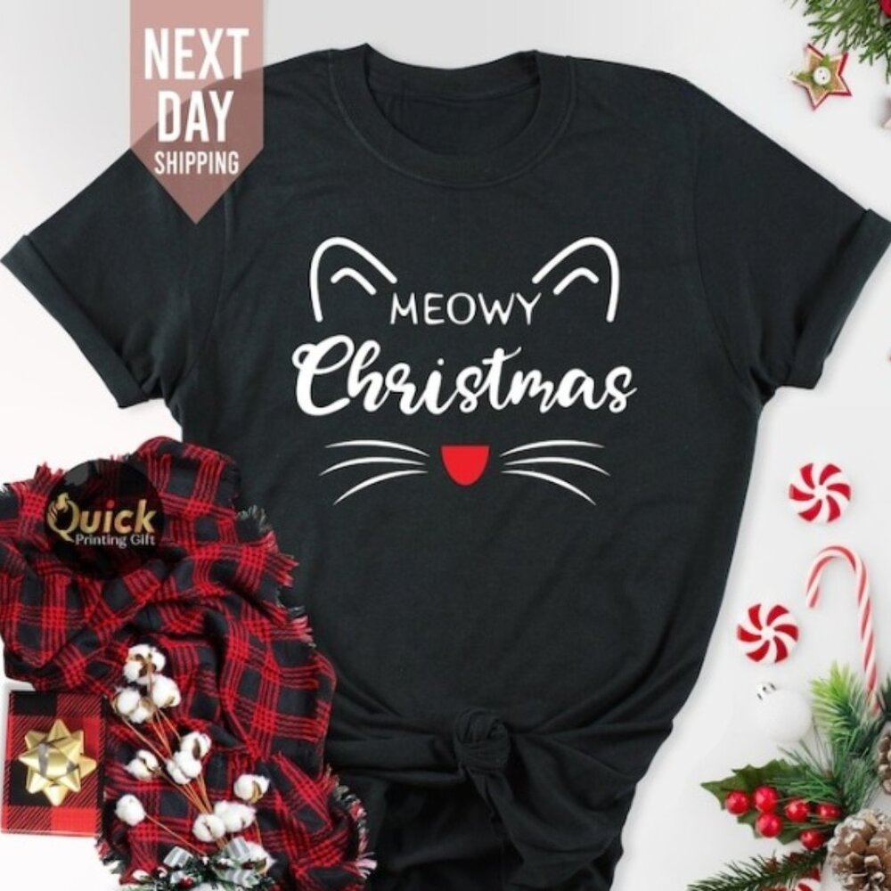 Cat Lover Christmas Shirt, Funny Christmas T-shirt, Meowy Christmas Tee